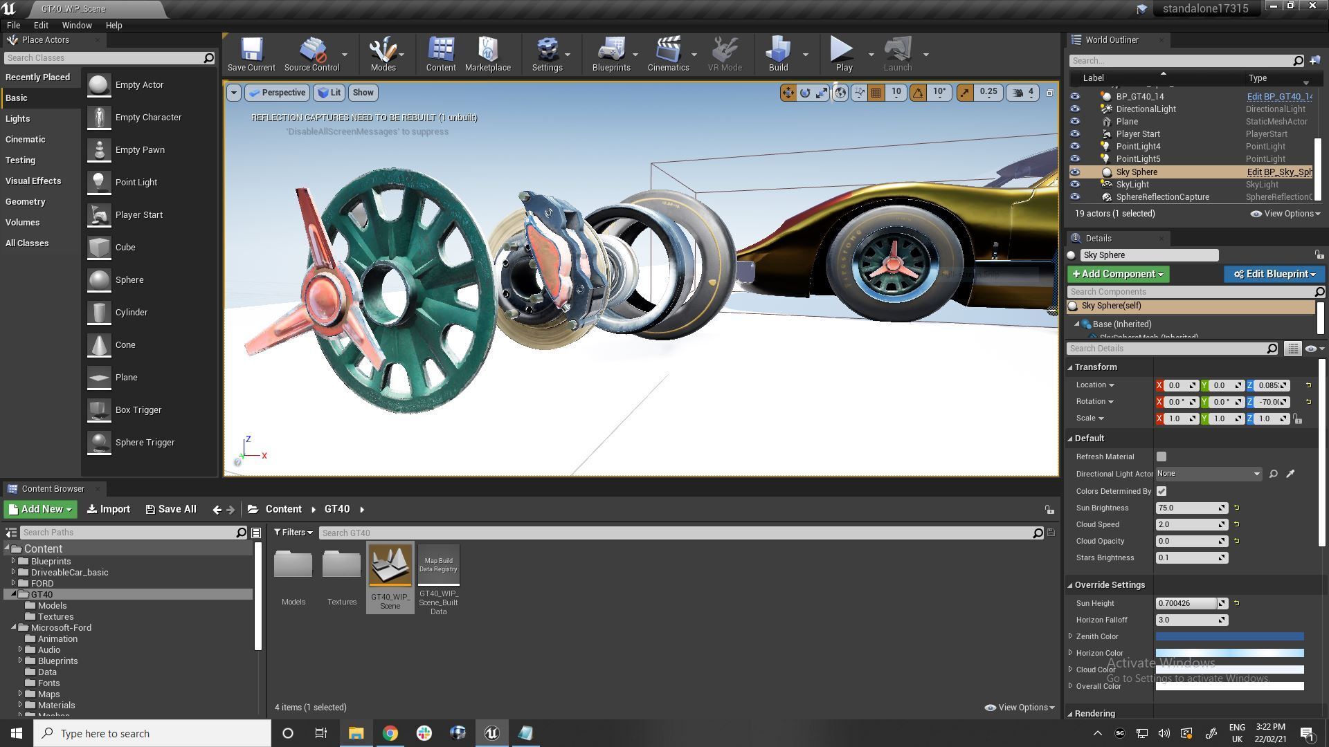 Éditeur Unreal Application Ford GT40 s’exécutant avec des composants de roue disposés dans l’ordre