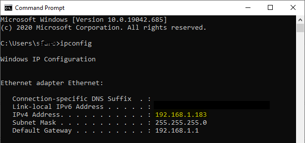 Capture d’écran des résultats de la ligne de commande pour la commande ipconfig