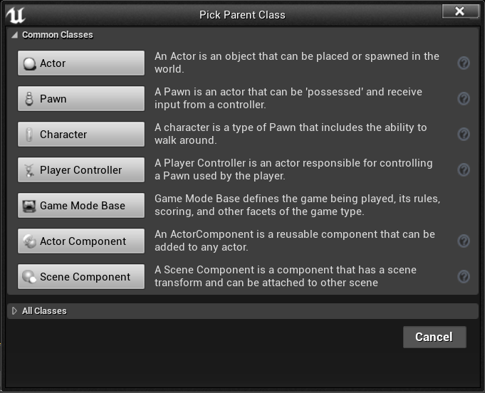 Sélectionner une classe parente pour votre blueprint