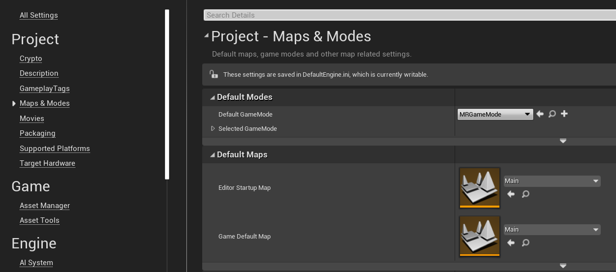 Paramètres du projet - Cartes & Modes