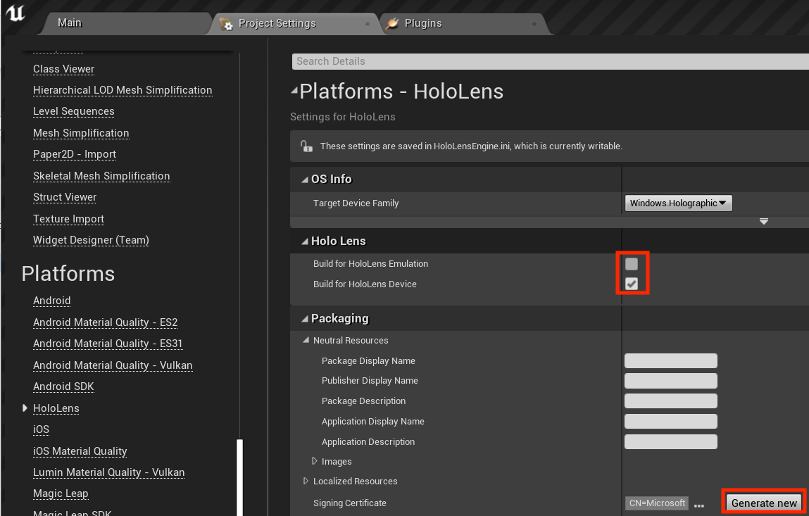 Paramètres du projet - Plateformes - HoloLens