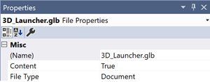 Sélectionnez le fichier .glb dans votre Explorateur de solutions et utilisez la section propriétés pour le marquer comme « Contenu » dans les paramètres de build