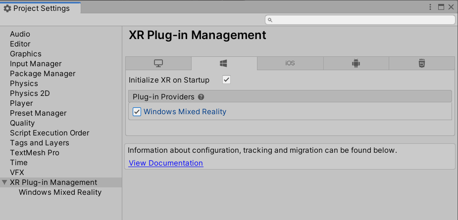 Gestion des plug-ins XR avec l’onglet Windows sélectionné