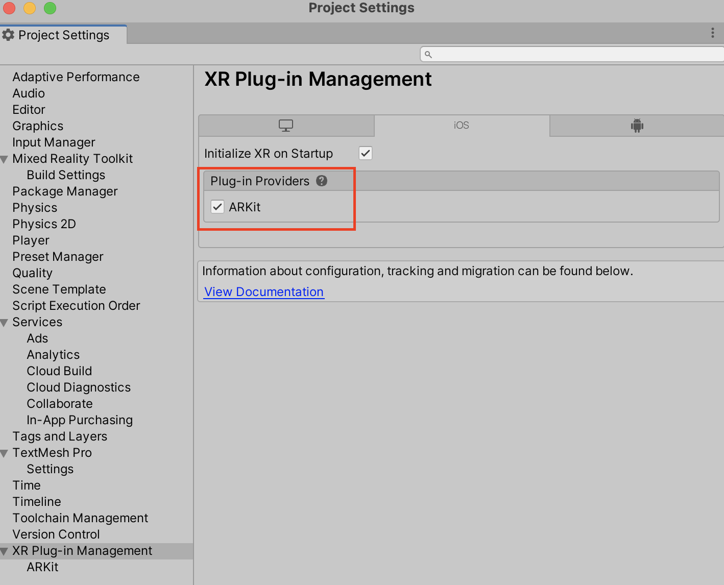 Gestion du plug-in XR iOS