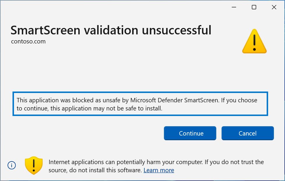 Capture d’écran montrant une erreur de validation d’URL basée sur la réputation de Microsoft SmartScreen. Le titre de la boîte de dialogue est « Échec de la validation SmartScreen ! » et le texte d’explication ci-dessous indique « Cette application a été bloquée comme non sécurisée par Microsoft Defender SmartScreen. Si vous choisissez de continuer, cette application peut ne pas être sûre à installer. »