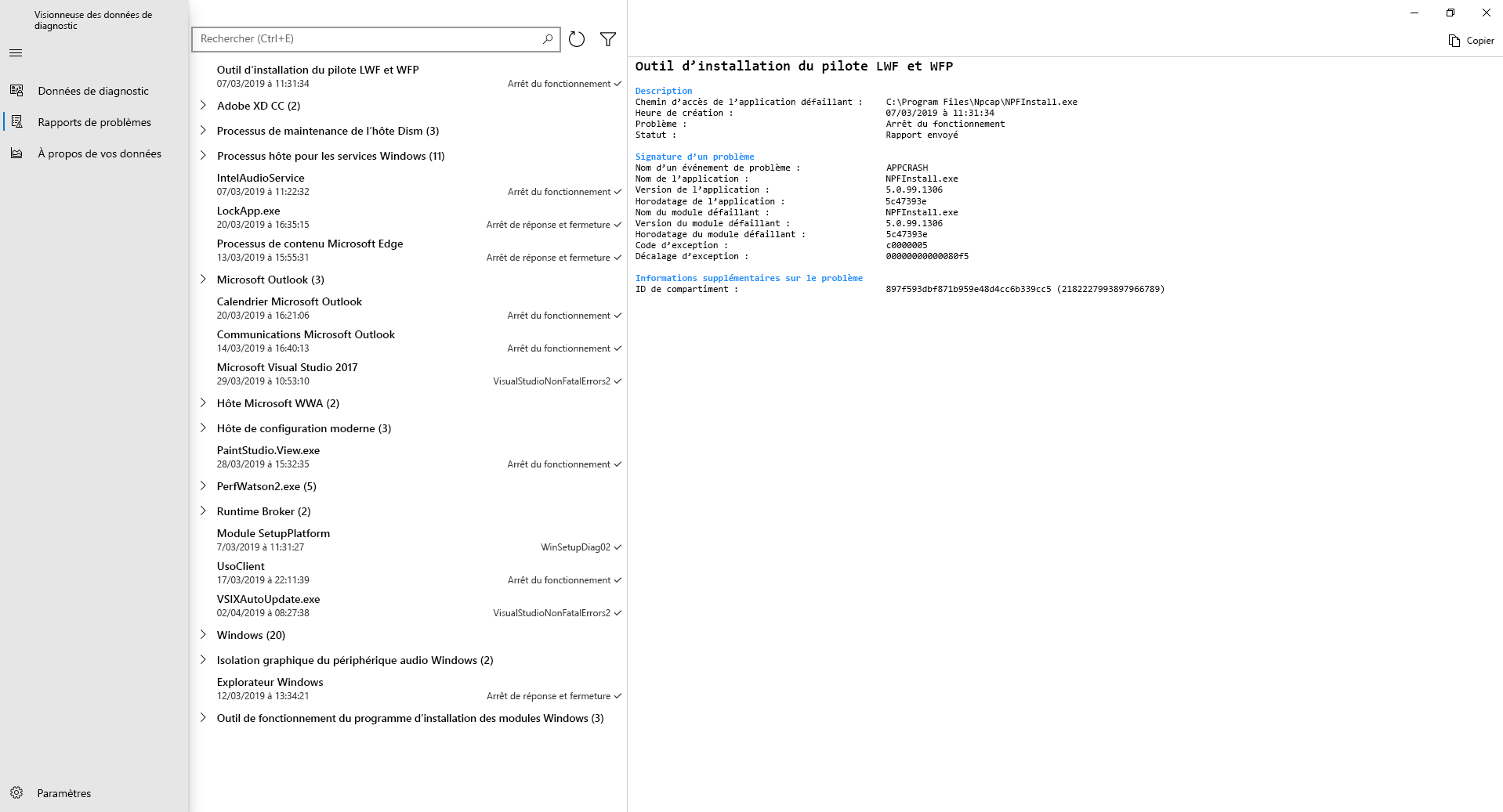 À compter de Windows 1809 et versions supérieures et Windows 11, vous pouvez consulter les données de diagnostic du Rapport d’erreurs Windows dans la Visionneuse de données de diagnostic.