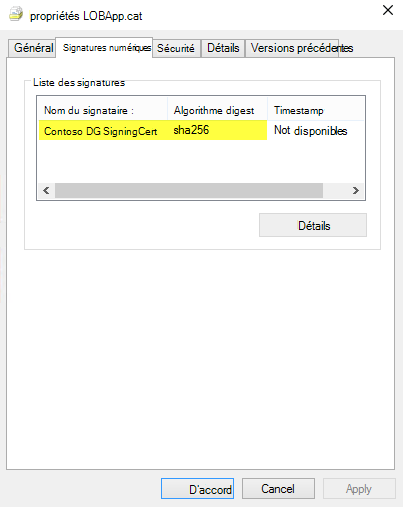 Liste des signatures numériques dans le fichier Propriétés.