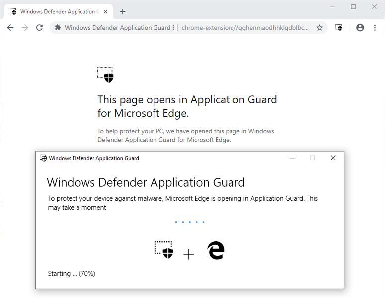 Un site web non-entreprise redirigé vers un conteneur Application Guard : le texte affiché explique que la page est ouverte dans Application Guard pour Microsoft Edge.