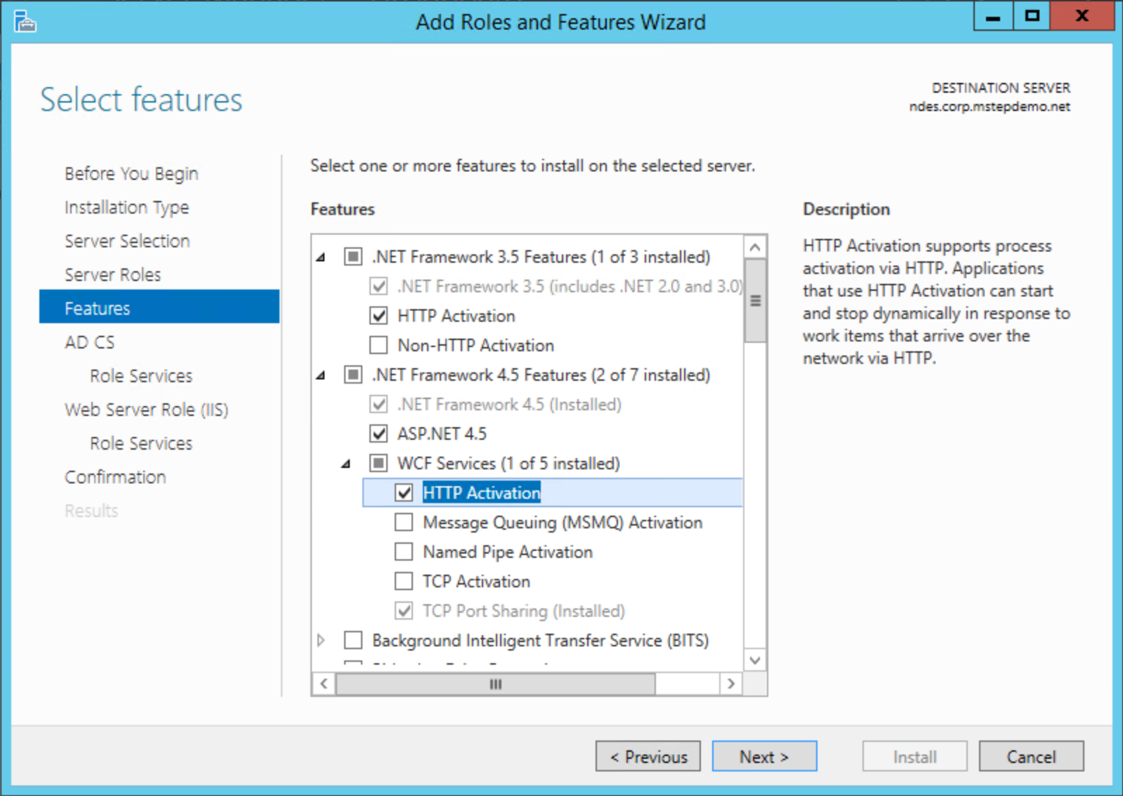 Activation HTTP des fonctionnalités du Gestionnaire de serveur.