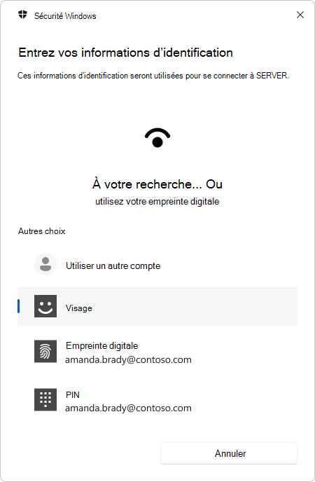 Capture d’écran de l’invite d’authentification de connexion Bureau à distance à l’aide de la biométrie.