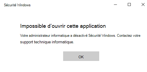 Capture d’écran du Sécurité Windows avec toutes les sections masquées par stratégie de groupe.