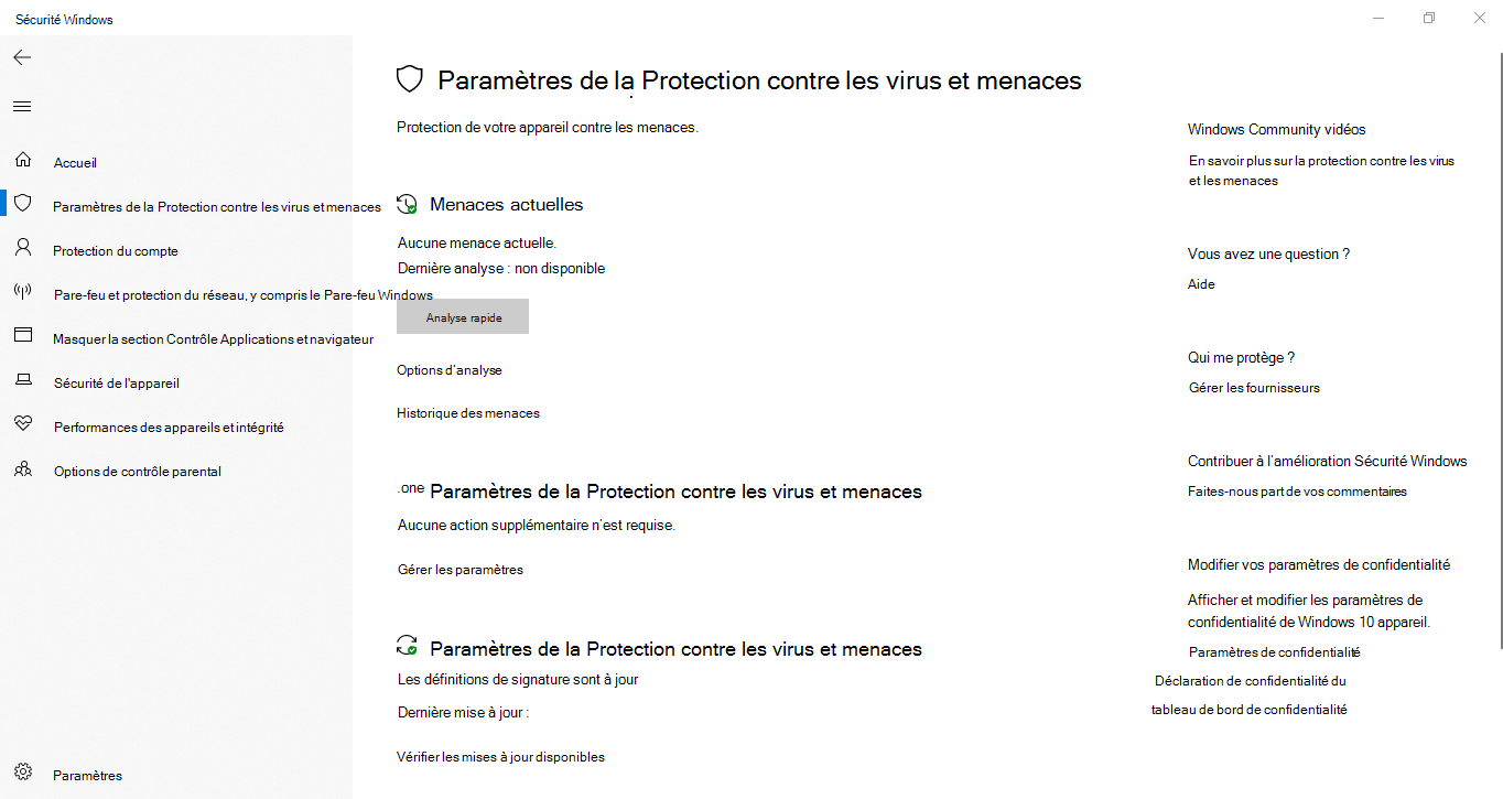 Capture d’écran des paramètres de protection contre les virus & contre les menaces dans Windows 10 Entreprise LTSC 2019.