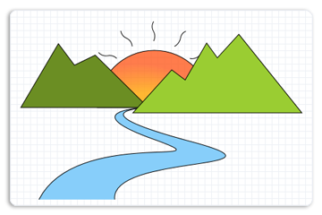 illustration d’une rivière, de montagnes et du soleil