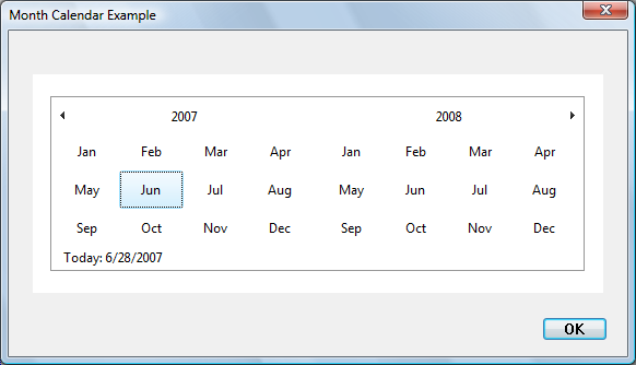 capture d’écran d’une boîte de dialogue avec un contrôle calendrier de mois affichant tous les mois de 2007 et 2008