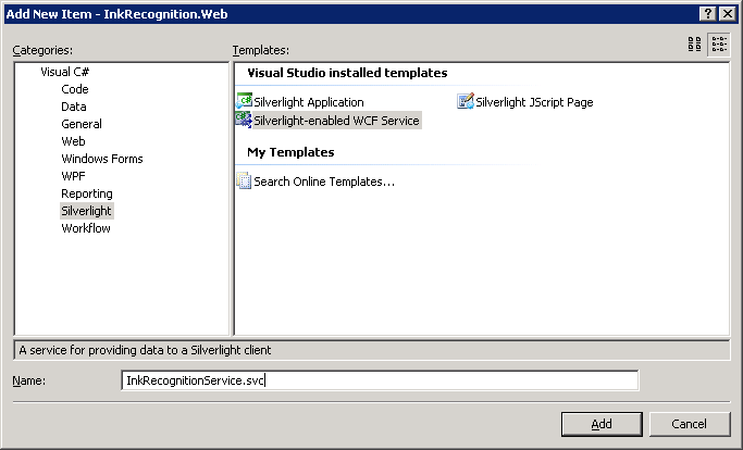 Boîte de dialogue Ajouter un nouvel élément avec le service wcf silverlight sélectionné et nommé