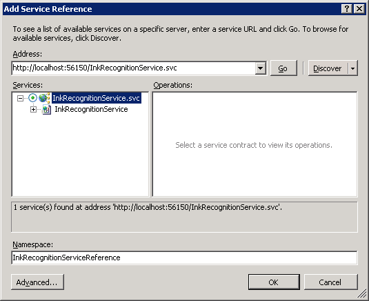 Boîte de dialogue Ajouter une référence de service avec inkrecognitionservice sélectionné et espace de noms modifié