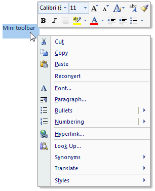 capture d’écran de la mini-barre d’outils et du menu contextuel 