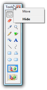 capture d’écran de la boîte à outils avec le menu contextuel 