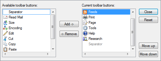 Capture d’écran du constructeur de liste de boutons de la barre d’outils 