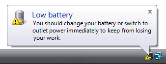 Capture d’écran de l’avertissement de batterie faible 