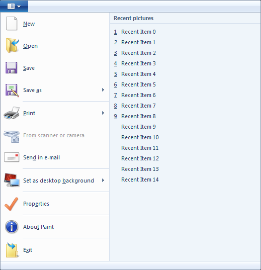capture d’écran du menu de l’application et de la liste des éléments récents du ruban paint for windows 7.