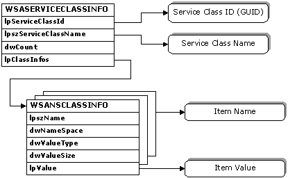 Diagramme montrant la structure, les sous-structures et les paramètres WSASERVICECLASSINFO qui s’appliquent à des espaces de noms spécifiques.