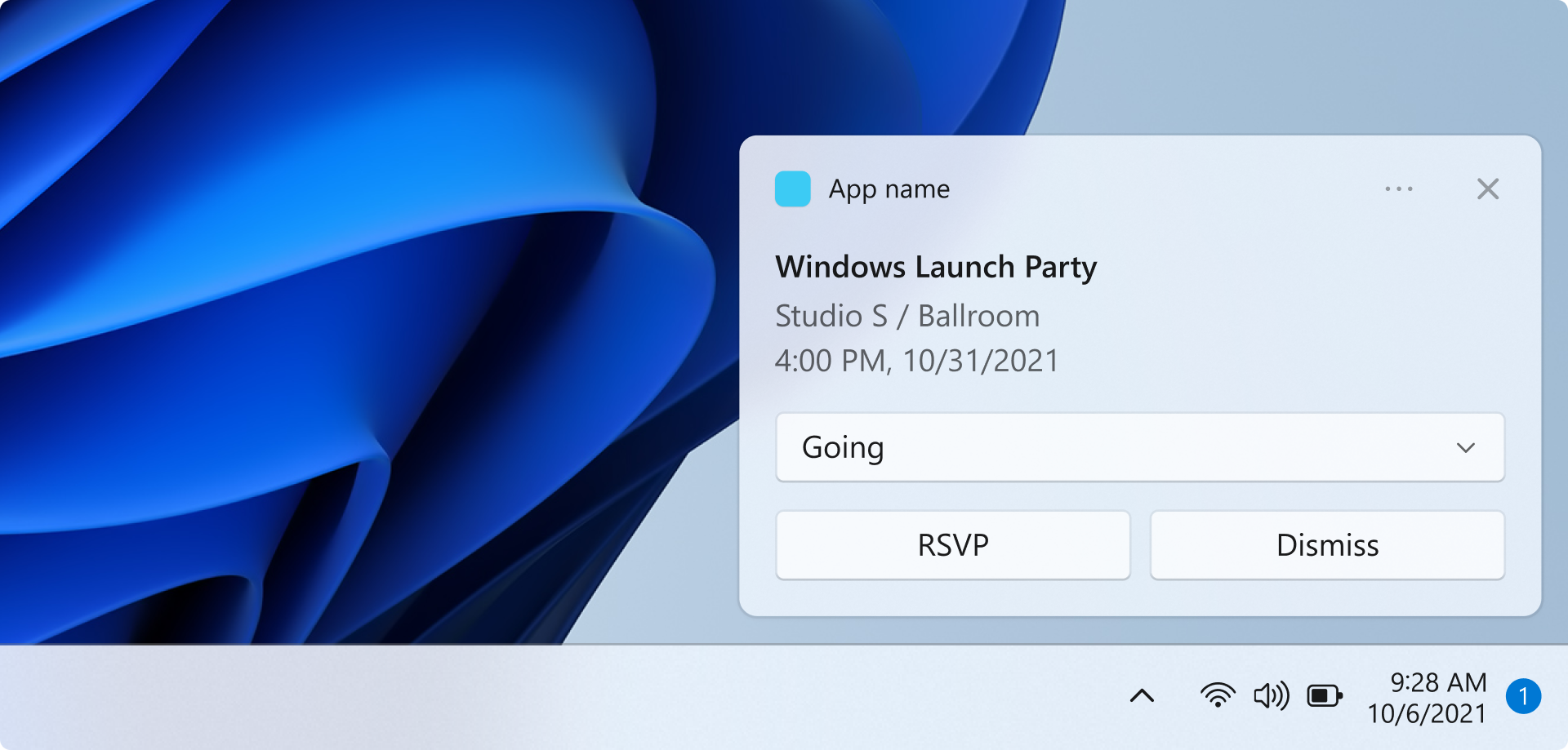 capture d’écran montrant une notification toast au-dessus de la barre des tâches. La notification est un rappel pour un événement. Le nom de l’application, le nom de l’événement, l’heure de l’événement et l’emplacement de l’événement sont affichés. Une entrée de sélection affiche la valeur actuellement sélectionnée, Going. Il existe deux boutons étiquetés RSVP et Ignorer