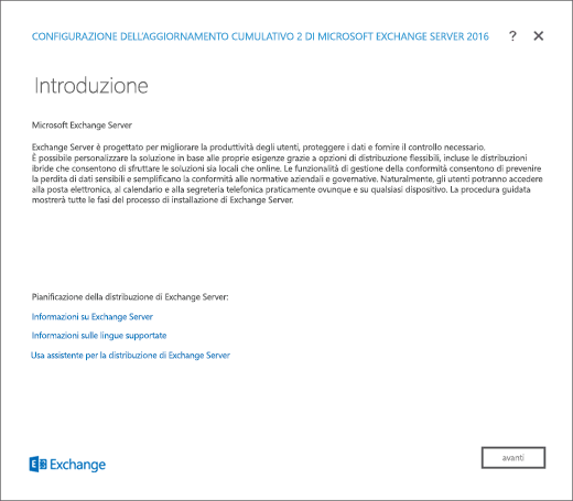 Installazione di Exchange, Pagina Introduzione.