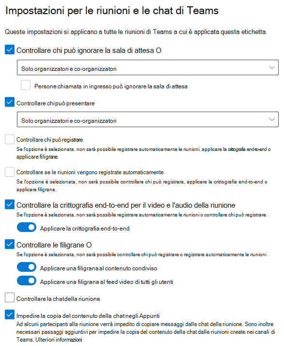 Screenshot delle impostazioni dell'etichetta di riservatezza della riunione che mostra la configurazione in questa procedura.