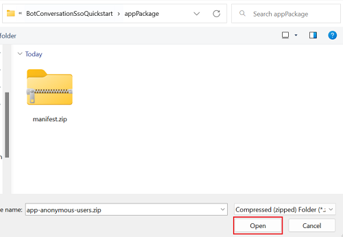 Screenshot of Manifest folder with Open option to upload the Teams Bot zip file highlighted in red.