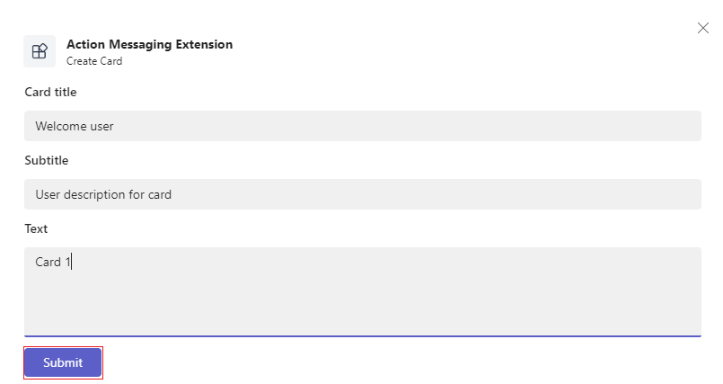 Screenshot of Create Card model pop-up with the Submit option highlighted in red.