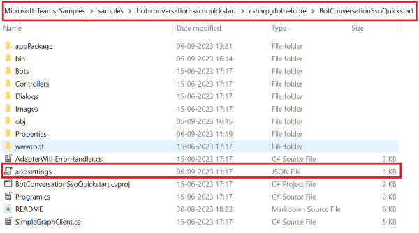 Screenshot shows the location of appsettings json file.