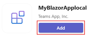 Screenshot of blazor app installation with the Add option highlighted.