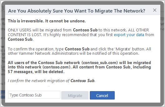 Screenshot della finestra di dialogo per Confermare che si vuole eseguire la migrazione di una rete Viva Engage.