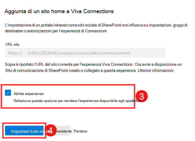 Screenshot che evidenzia i passaggi per abilitare l'esperienza Viva Connections e impostarla come sito home.