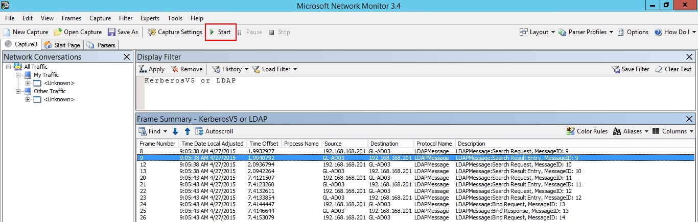 Screenshot della finestra di dialogo Monitoraggio rete Microsoft con il pulsante Start visualizzato.