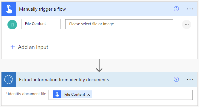 Screenshot di un passaggio Estrai informazioni attivato manualmente in un flusso, con un documento di identità selezionato.