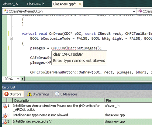 Figura 2 Segnalazione degli errori in tempo reale: errori di IntelliSense