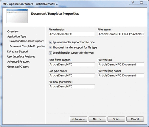 Figura 6 Creazione guidata applicazione MFC con opzioni di gestori file