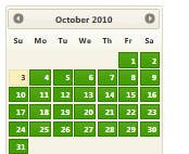 Screenshot che mostra un calendario di ottobre 2010 nel tema South-Street.