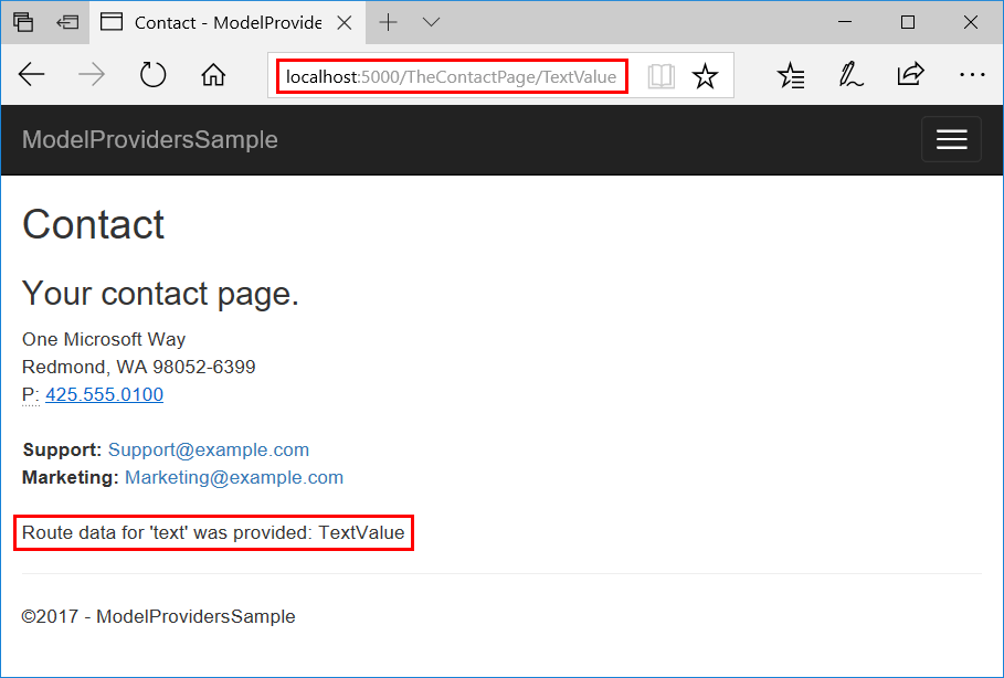 Edge browser example of supplying an optional 'text' route segment of 'TextValue' in the URL. The rendered page shows the 'text' segment value.