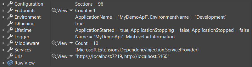 Visualizzazione utile del debugger del tipo WebApplication in .NET 8.