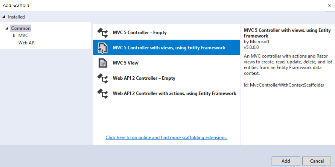 Finestra di dialogo Aggiungi scaffolding in Visual Studio