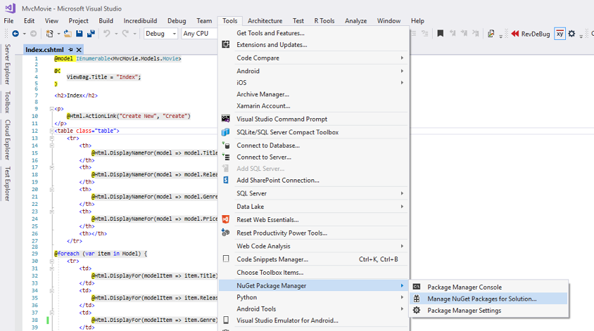 Screenshot del menu Strumenti per avviare la convalida di jQuery per impostazioni locali non in lingua inglese.