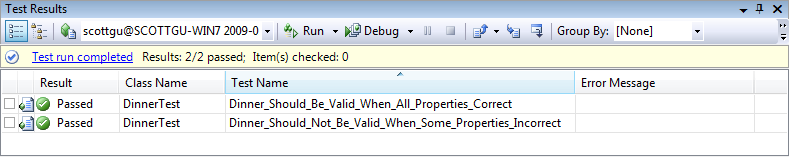 Screenshot della finestra Risultati test in Visual Studio. I risultati dell'esecuzione del test sono elencati all'interno.