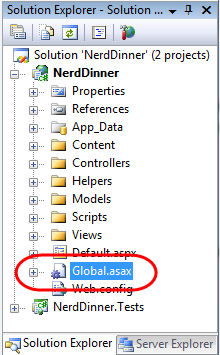 Screenshot dell'albero di navigazione Nerd Dinner. Il punto globale di una x è selezionato e evidenziato.