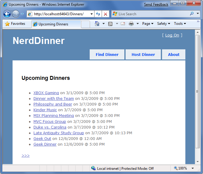 Screenshot dell'elenco Delle prossime cene nella pagina Cena nerd.