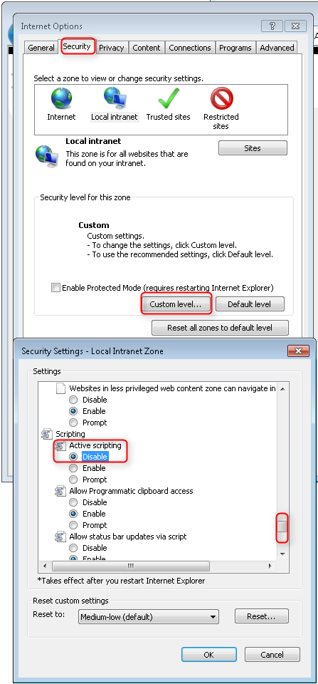 Screenshot che mostra la finestra Opzioni Internet aperta alla scheda Sicurezza. Il livello personalizzato è cerchiato in rosso. Nella finestra Impostazioni di sicurezza, lo scripting attivo è impostato per disabilitare. La barra di scorrimento è cerchiata in rosso.