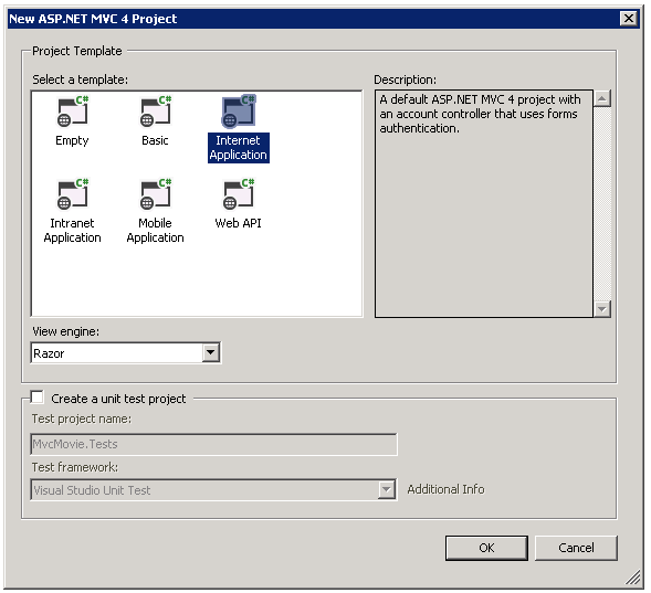 Screenshot che mostra la finestra New A S P dot NET M V C 4 Project .Screenshot che mostra la finestra New A S P dot NET M V 4 Project . Il modello Applicazione Internet è selezionato.