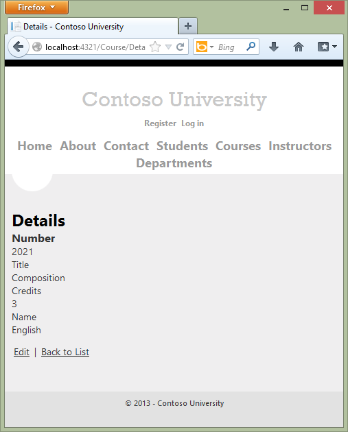 Screenshot che mostra la pagina Dettagli di Contoso University.